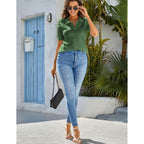 Kate Kasin Women Short Sleeve Polo Sweater V Neck Knitted Tops Casual Ribbed Shirt Loose Pullover Sweater