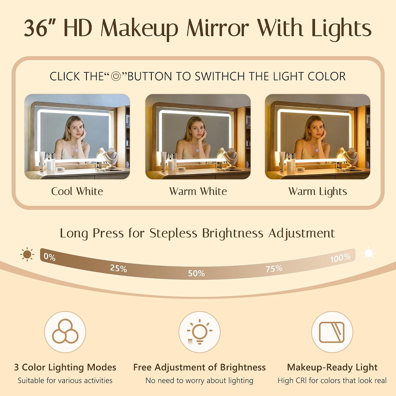 Aitjunz Vanity Desk With Mirror And Lights, 50” Modren Makeup Vanity With 35.43" Mirror And 5 Drawers, Makeup Table With Charging Station For Women And Girls, Bedroom (Natural)