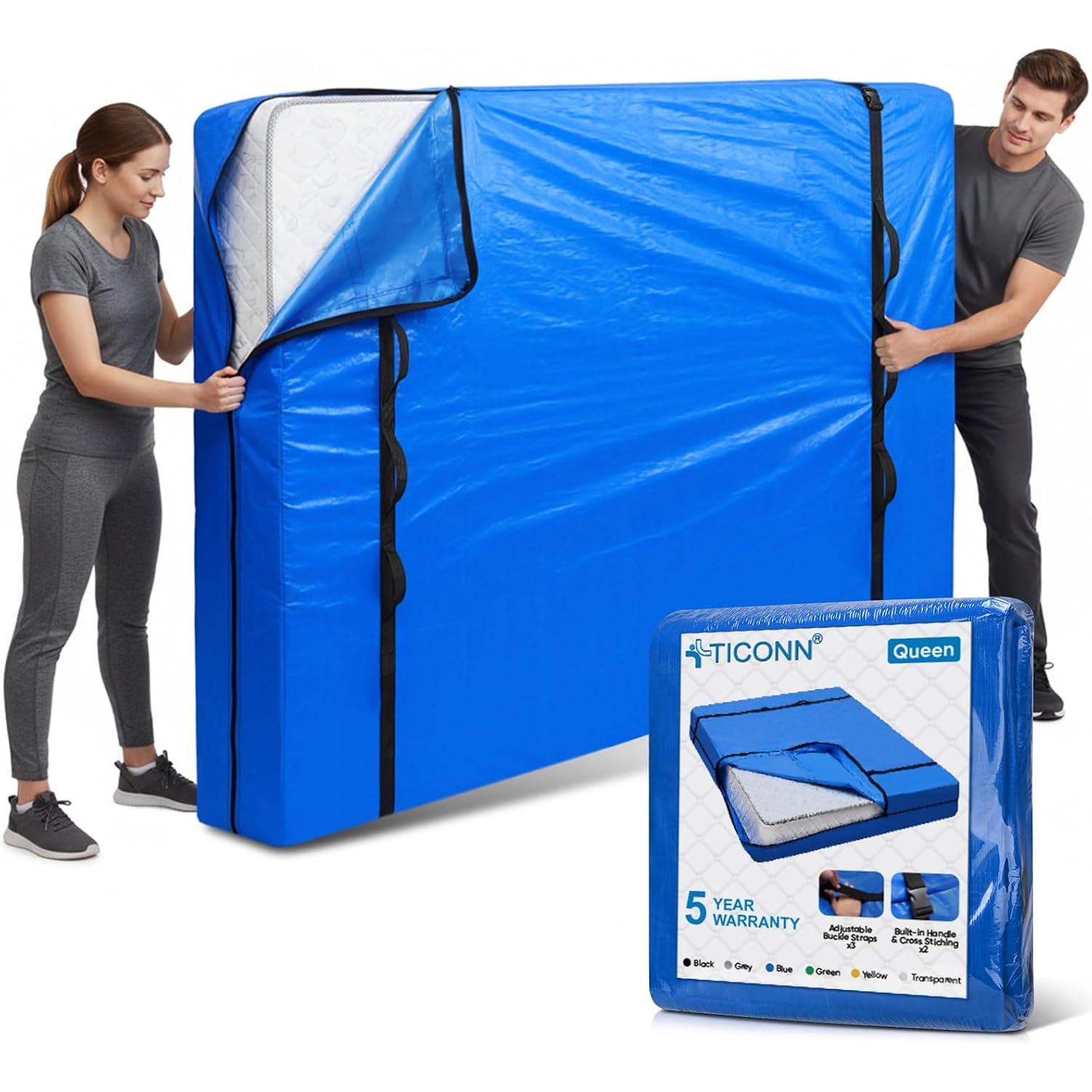 Ticonn Mattress Bags For Moving, Heavy Duty Queen Mattress Cover Storage Bag With Full-Around Handle And Adjustable Buckles (Blue, Queen)
