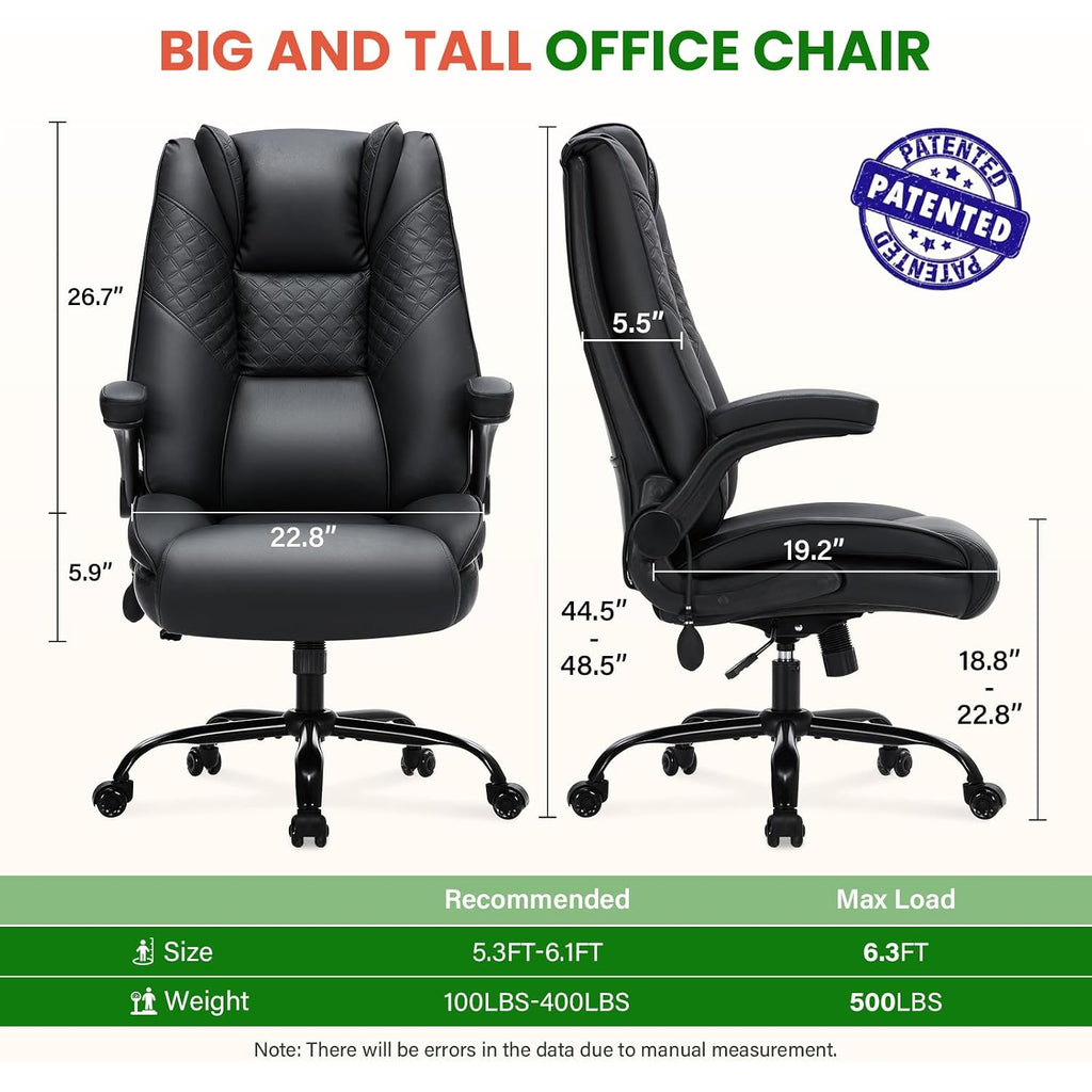 Cioman 500Lbs Big And Tall Office Chair With Inflatable Lumbar Support, Rubber Wheels Executive Chair With Rocking Function, High Back Wide Cushion Ergonomic Desk Chair For All-Day Sitting,Black