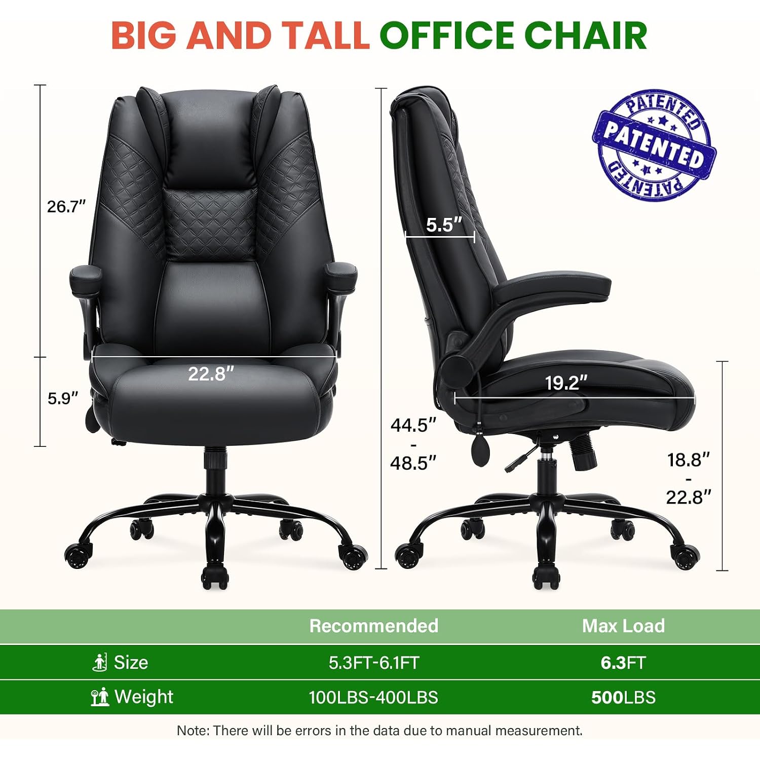 Cioman 500Lbs Big And Tall Office Chair With Inflatable Lumbar Support, Rubber Wheels Executive Chair With Rocking Function, High Back Wide Cushion Ergonomic Desk Chair For All-Day Sitting,Black
