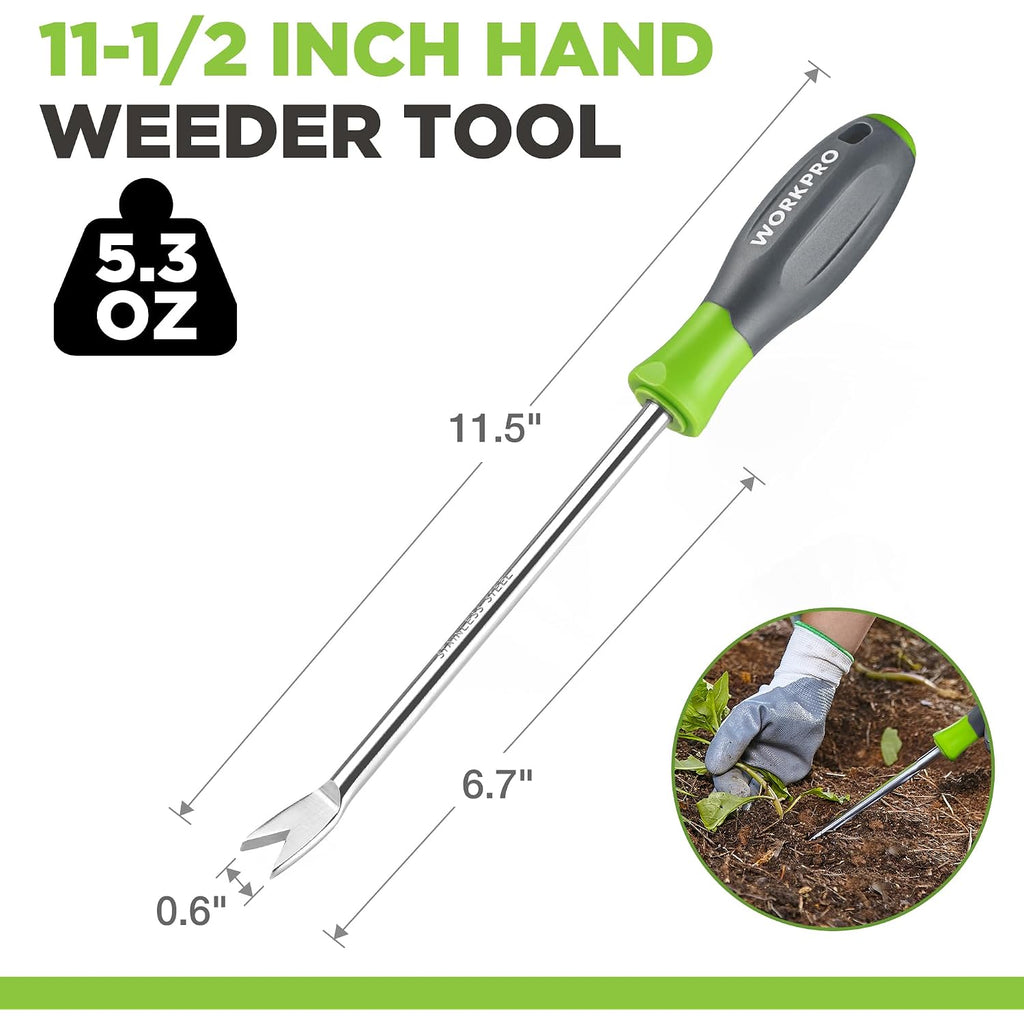 Workpro 11.5" Dandelion Weeder Puller Tool With Soft Handle | Polished Stainless Steel Garden Weed Remover Tool, Two-Pronged Fork Weeder Tool For Lawn Farmland Transplant Gardening