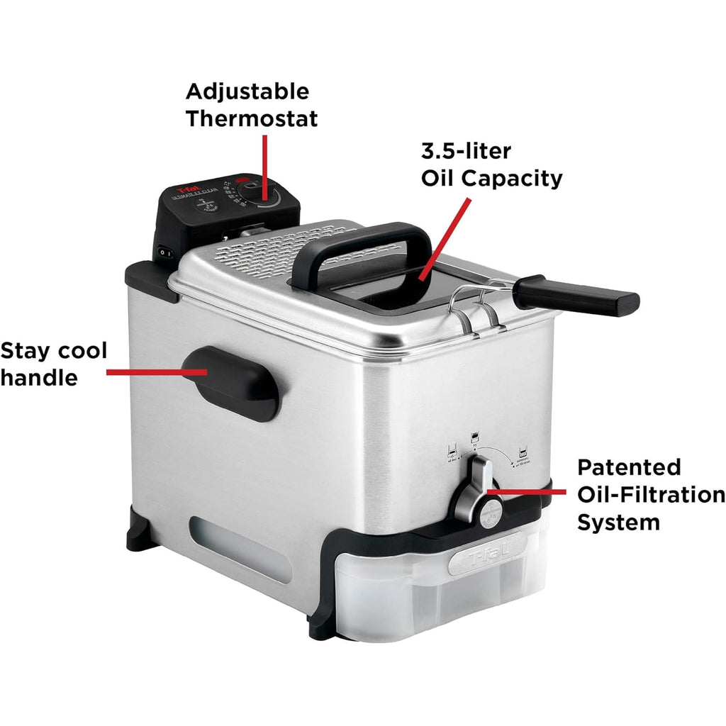 T-fal 3.5L Stainless Steel Deep Fryer with Basket for Home Use, 1700W, Deep Fryer with Oil Filtration, Temp Control, Digital Timer