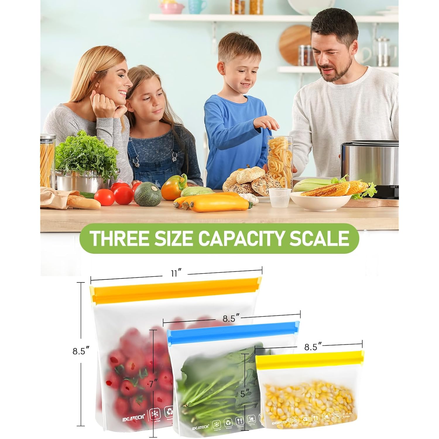 Ideatech 20Pack Reusable Bags Dishwasher Safe, Leakproof Reusable Freezer Bags, Bpa Free Healthy Food Storage Contaizers Sandwich Snack Baggies For Lunch Travel(8 Gallon 6 Quart 6 Snack,Colored)