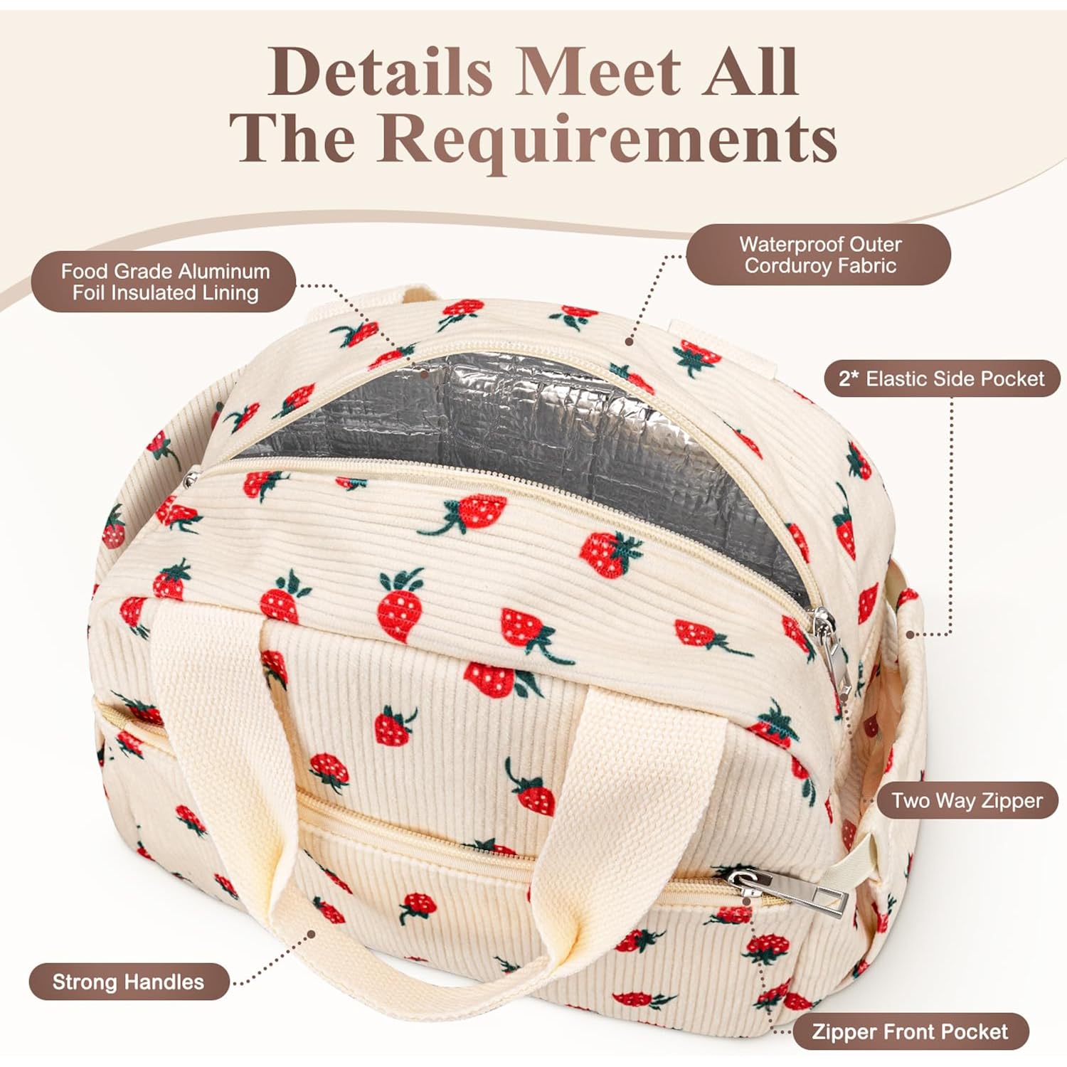 Lunch Box For Women, Cute Strawberry Corduroy Insulated Lunch Bag Women Reusable Work Leakproof Simple Adults Large Lunch Boxes Tote Bag Men Cooler Bag
