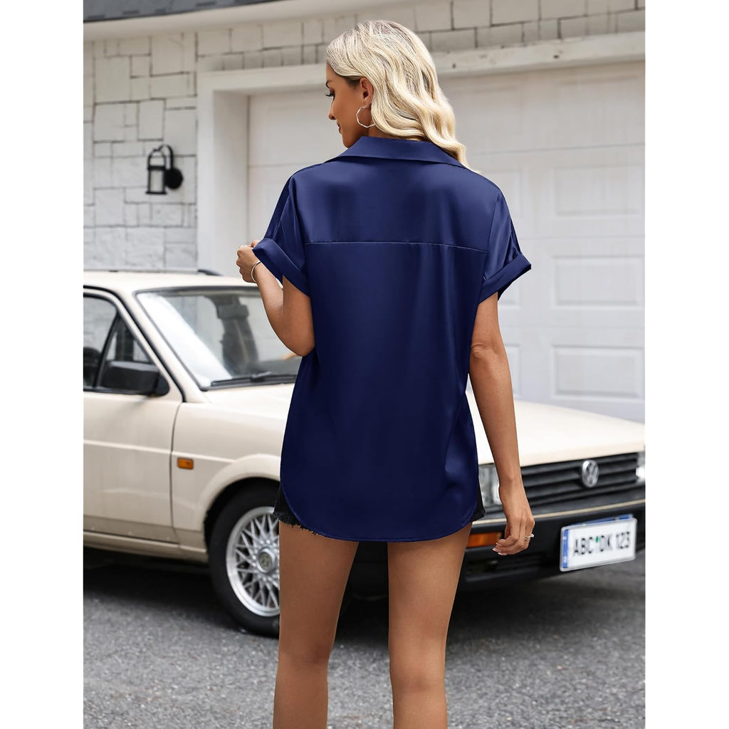 Womens Satin Blouse Short Sleeve Silk Tops Button Down Shirts Business Casual Outfits