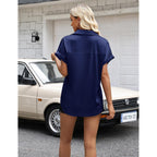 Womens Satin Blouse Short Sleeve Silk Tops Button Down Shirts Business Casual Outfits