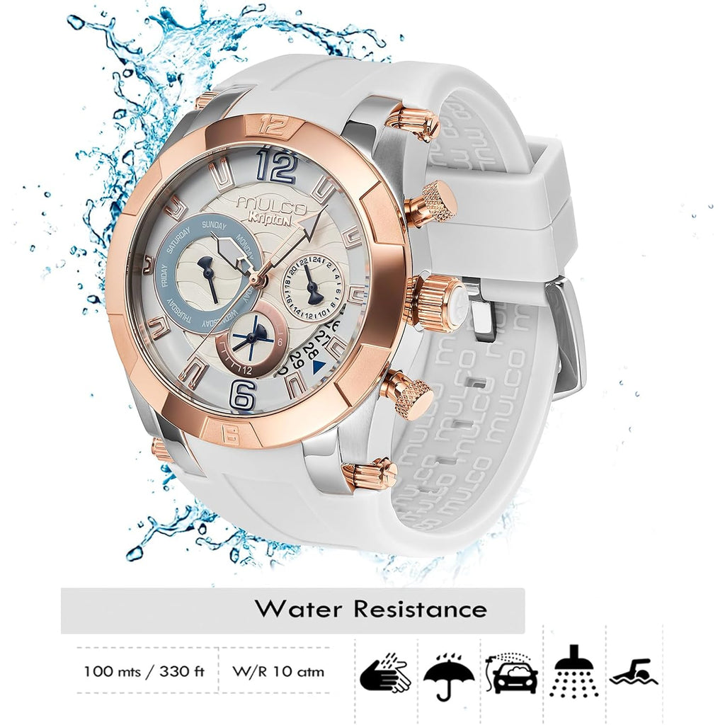 Mulco Watches For Women, Kripton Lady – 46 Mm Stainless-Steel Case, Black With Wrist Silicone Band, Quartz Multifunctional Day And Date Movement,Analog Display - Rose Gold Accents, 100M- Waterproof