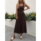 Mieazom Women'S Summer Maxi Dress 2026 - Sleeveless Square Neck Casual Beach Sundress With Pockets, Flowy Patchwork Knit