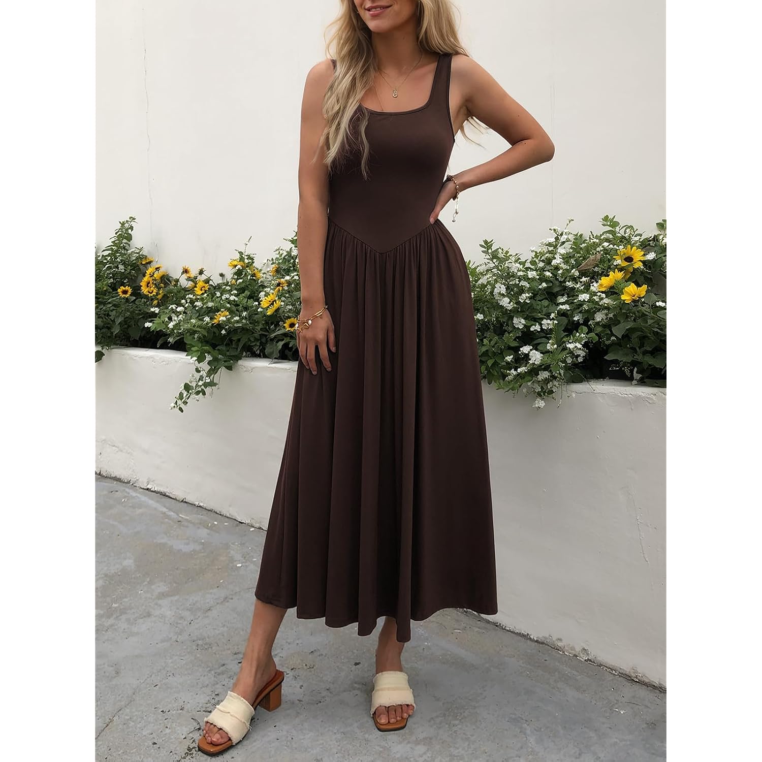 Mieazom Women'S Summer Maxi Dress 2026 - Sleeveless Square Neck Casual Beach Sundress With Pockets, Flowy Patchwork Knit