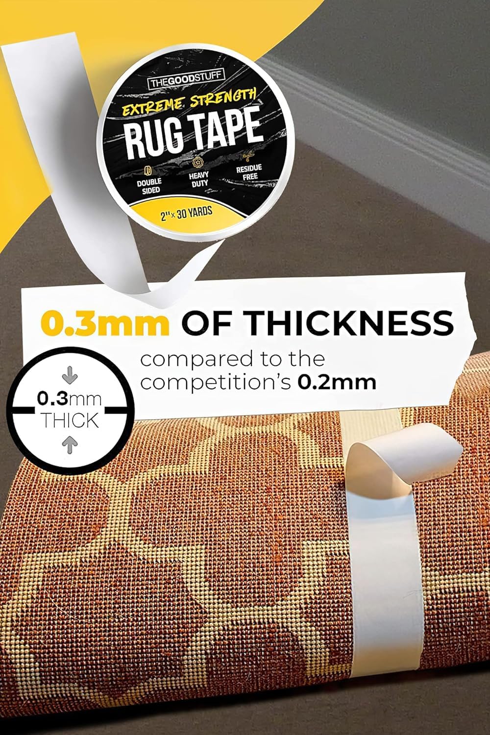 The Good Stuff Double Sided Carpet Tape [2"x10yd] - Heavy-Duty Rug Gripper Tape - Strong Non-Slip Rug Tape for carpet, hardwood floors, Vinyl, Area Rugs, Tiles, and Concrete - No Residue, Easy Removal