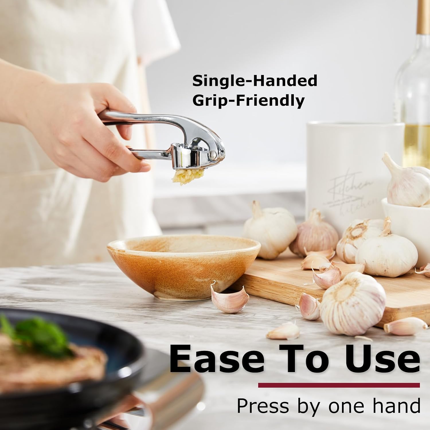 Kitessensu High Effective Garlic Press With Studs, Heavy Duty Garlic Mincer, Easy To Squeeze And Clean, Rust Proof, Ginger Crusher- Imperial Silver