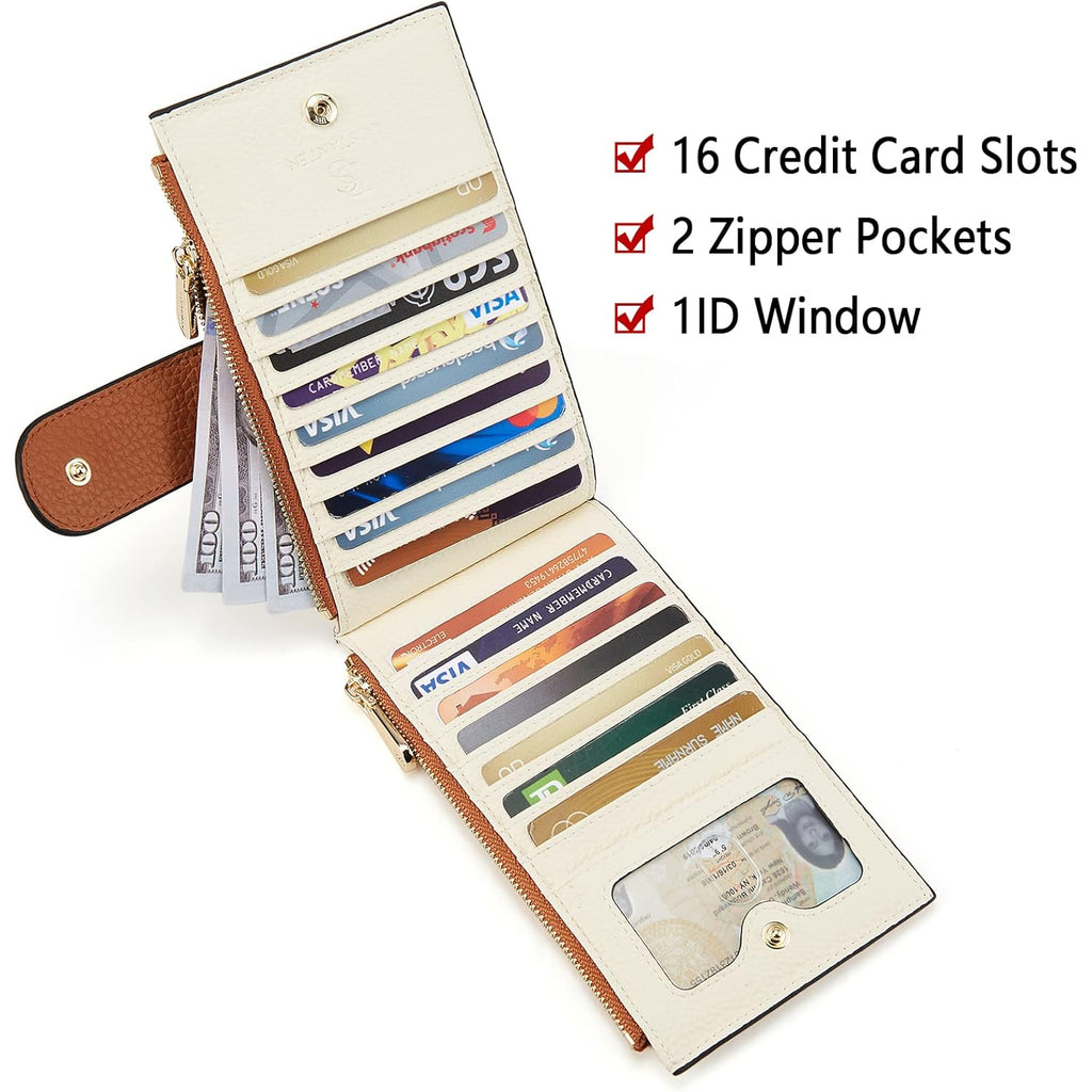 BOSTANTEN Leather Wallets for Women Large RFID Blocking Slim Bifold Purse Card Holder with Zipper Pocket Beige Brown