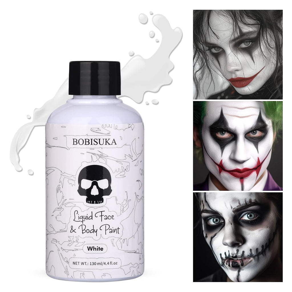 Bobisuka White Face Body Paint Liquid Texture Washable Non Toxic Facepaint Fast Drying Foundation Makeup For Halloween Clown Skeleton Skull Cosplay Sfx Costume Party Large Capacity(130Ml)