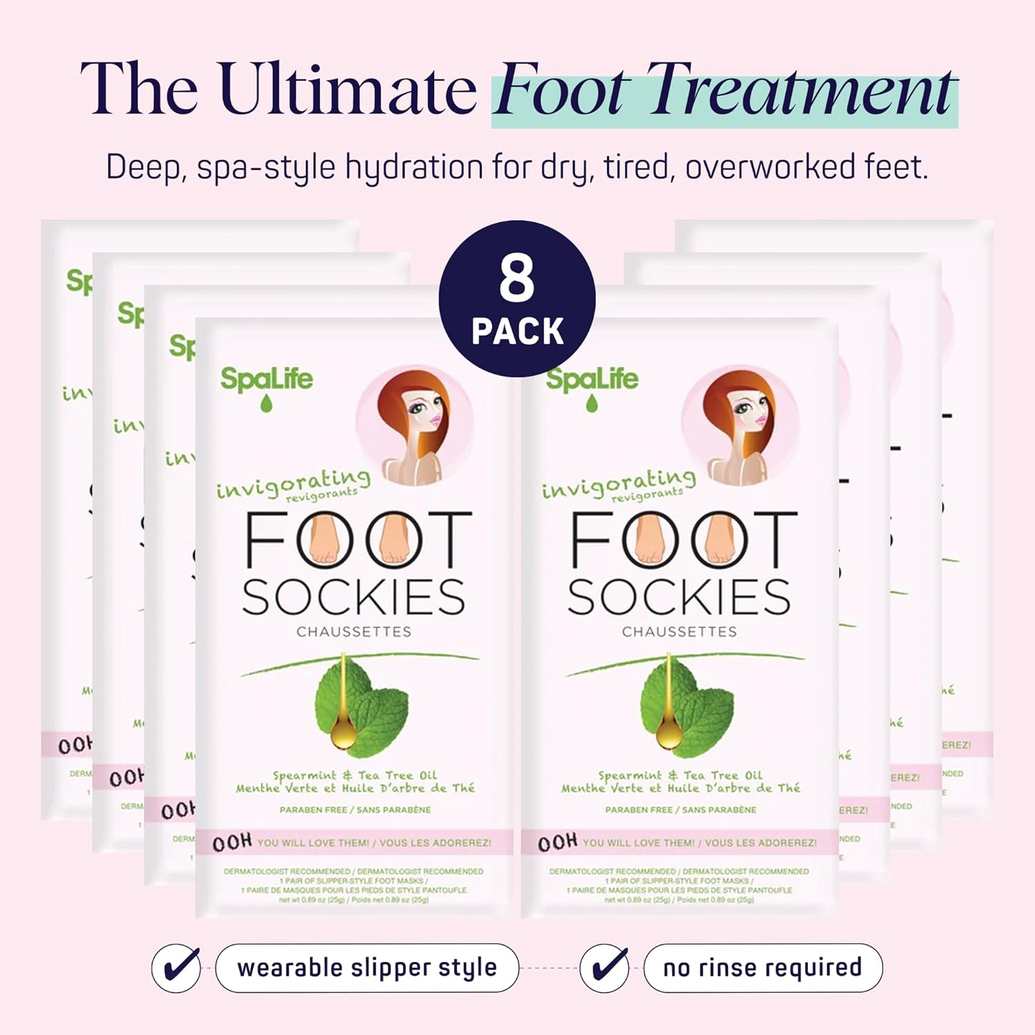 SpaLife Moisturizing Foot Sockies | Foot Mask for Dry Cracked Feet Intensive Repair Treatment | Tea Tree Oil Softening Booties | Callus Remover Alternative | Self Care Gifts for Women | 8 Pack