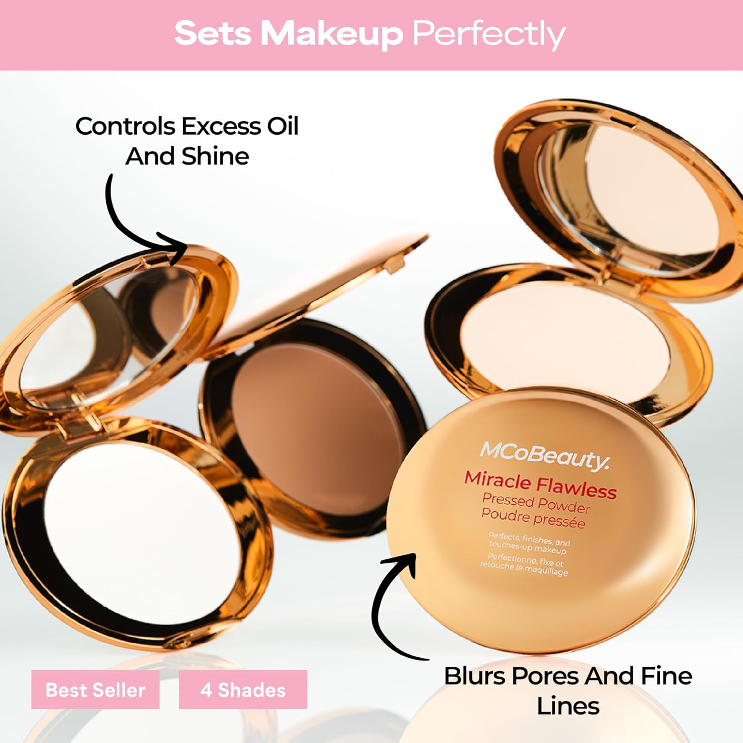 MCoBeauty Miracle Flawless Pressed Powder - 1 Light - Soft Focus Blurring, Finishing & Setting Powder - Face Makeup Compact with Rose Flower Extract Sweet Almond Oil - Vegan & Cruelty Free