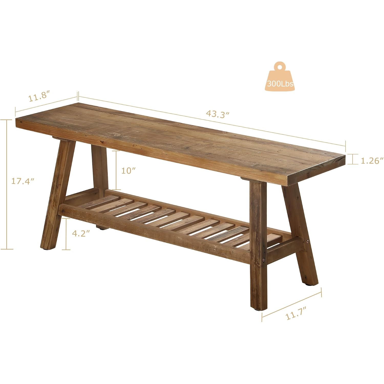 Reclaimed Solid Wood Bench-43.3" Farmhouse Entryway Bench With Storage Shelf, Narrow Rustic Bench For Hallway, Kitchen, Bedroom, Dining