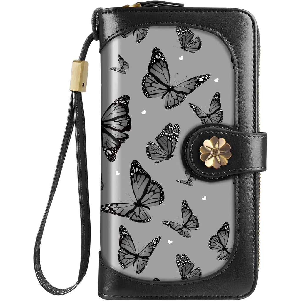 Coco Rossi Women Wallets Multi Card Case Wallet Clutch Wallet Card Holder Organizer Ladies Purse Wrist strap Purse, Black Butterfly