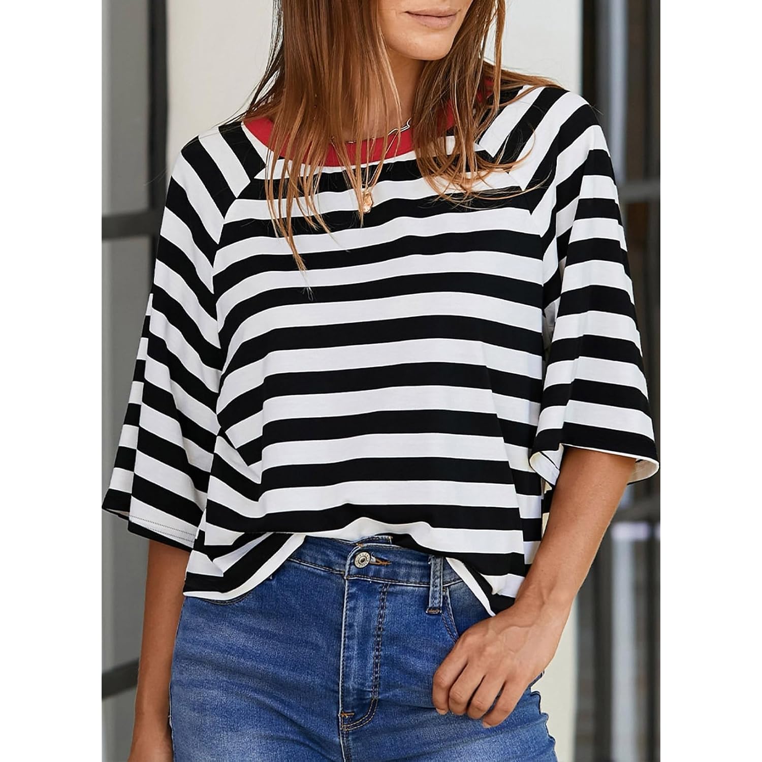Dokotoo Tops for Women Striped 2026 Fashion T Shirts for Women Color Block Crewneck Design Loose Basic Tee