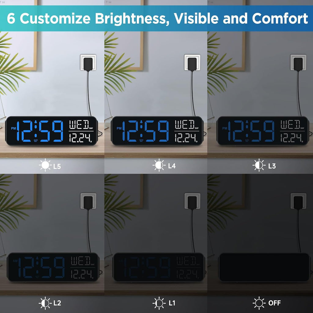 Peakeep Large Display Digital Alarm Clock For Bedroom With Date Day Of Week | Calendar Desk Table Clocks For Living Room Office, Dimmable Plug In Electric Clock Battery Backup, 5 Volumes, Loud, Auto Dst