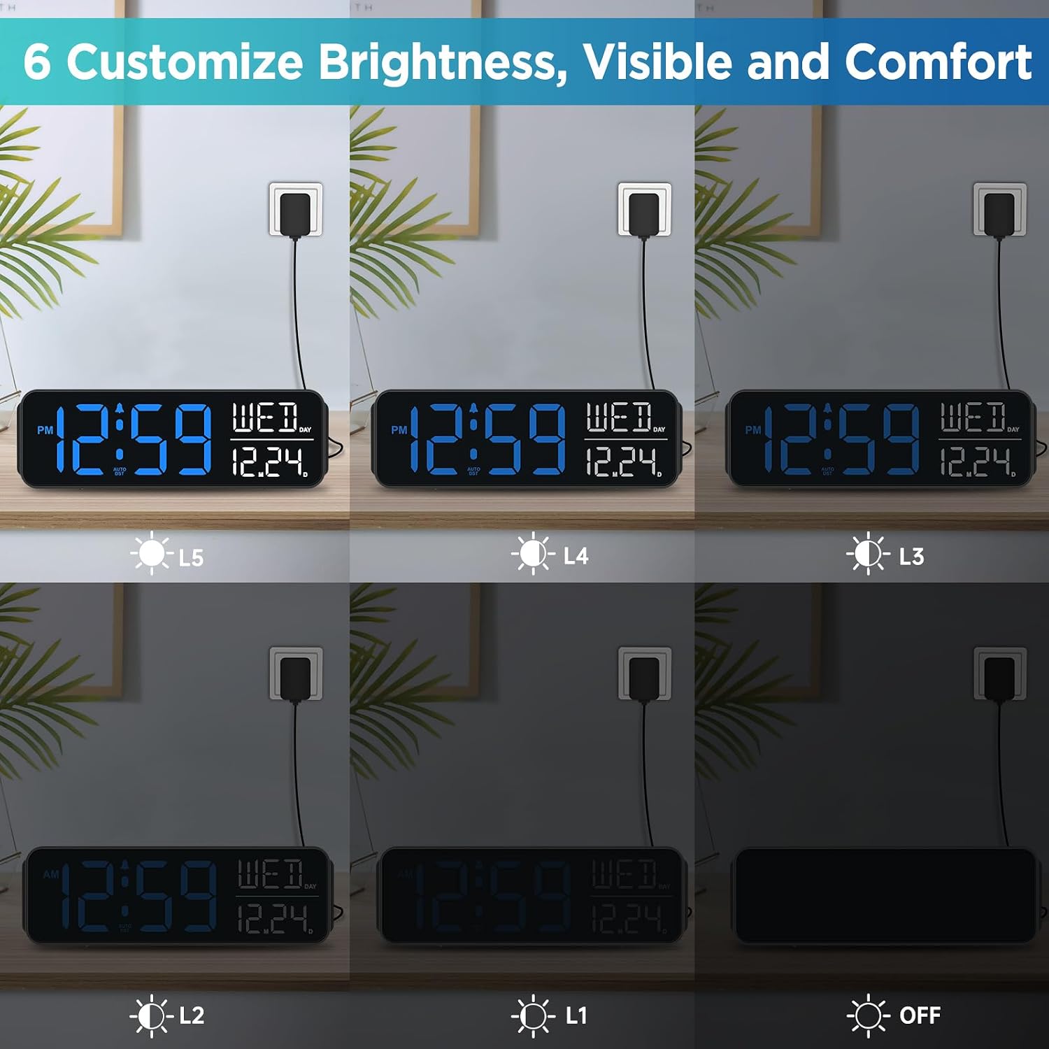 Peakeep Large Display Digital Alarm Clock For Bedroom With Date Day Of Week | Calendar Desk Table Clocks For Living Room Office, Dimmable Plug In Electric Clock Battery Backup, 5 Volumes, Loud, Auto Dst
