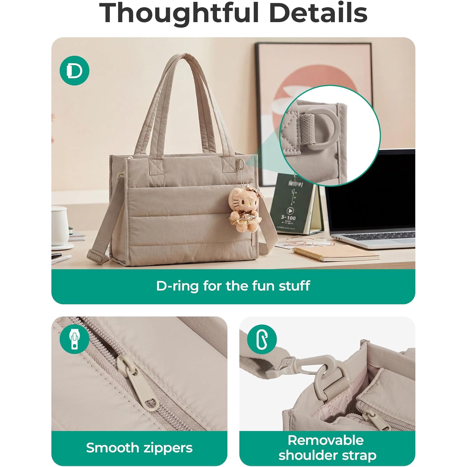 BAGSMART Small Tote Bag for Women, Puffer Quilted Work Tote Bag, Zipper Closure for Work Travel College, Camel | 14L Small tote, 14'' Laptop bag, 30oz tumbler, Boxy work bag, Teacher Bag, Teacher bag