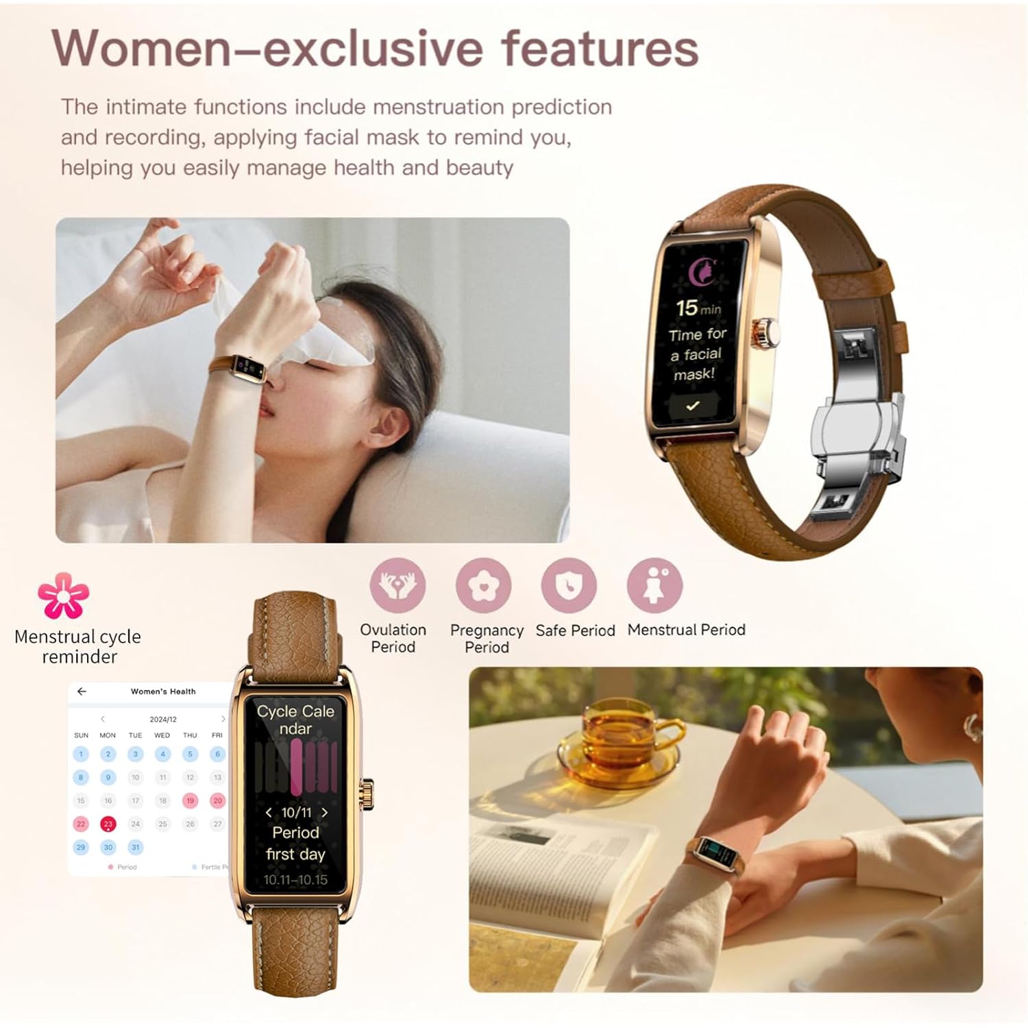 Elegant Smart Watch for Women Fitness Tracker with Step Counter Calorie Tracker Heart Rate Monitor Sleep Tracker IP68 Waterproof Activity Tracker Bracelet with AMOLED Touchscreen for Android IOS