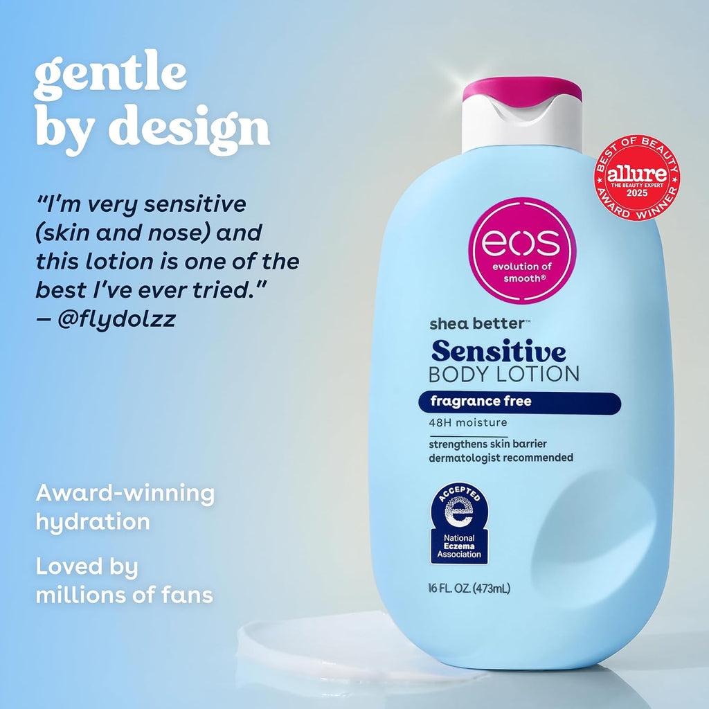 Eos Shea Better Sensitive Skin Body Lotion - Fragrance-Free, 48-Hour Moisture Eczema Cream & Dry Skin Relief, Vegan, 16 Fl Oz (Packaging May Vary)