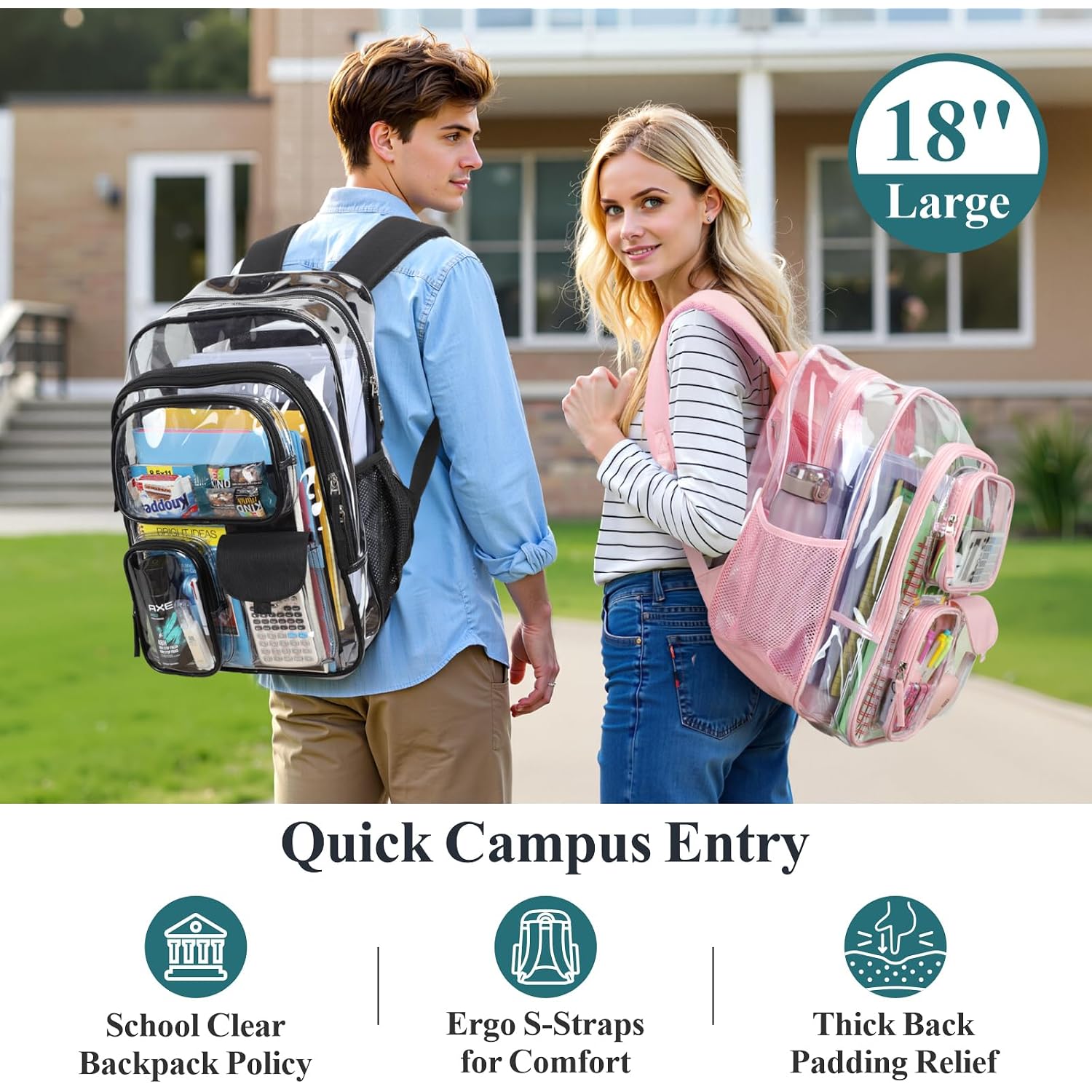 Clear Backpack For School - 18 Inch Extra Large Clear Bookbag Black | Heavy Duty Pvc, 3 Front Pockets, 2 Large Compartments, Fit 16" Laptop, 900D Oxford Base, Padded Straps And Back, Age 12+