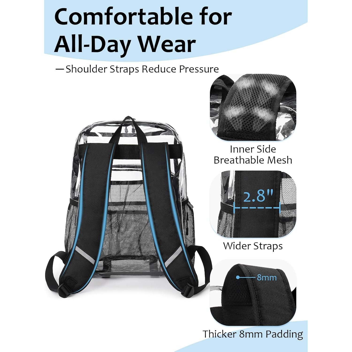 Clear Backpack Heavy Duty, 17 Inch Large Tpu Clear Bookbag For Boys Girls Adult, See Through Book Bag Transparent Backpacks With Multiple Pockets For School College Work Casual Sport, Black