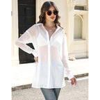 Gihuo Women’ S Sheer Blouse Mid Long Button Down Shirt Mesh Shirt Sexy See Through Top