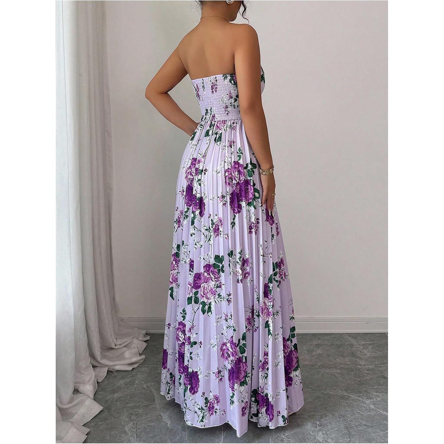 Oyoangle Women'S Summer Floral Wedding Guest Dress Jacquard Tube Sleeveless Pleated A Line Cocktail Party Prom Dress