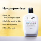 Olay Complete+ Face Moisturizer With Sunscreen Spf 40, For Sensitive Skin, Broad Spectrum Sun Protection, Fragrence-Free - No White Cast On All Tones, Nourishes Moisture Barrier - Ceramides, 6 Oz