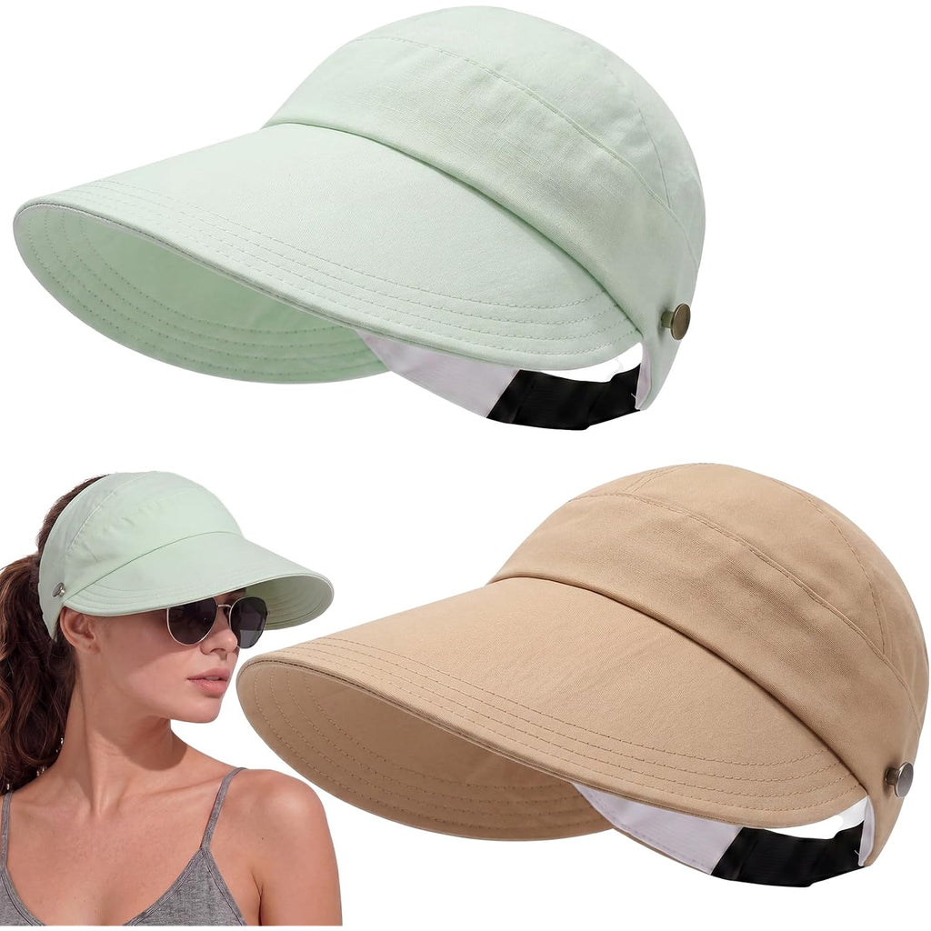 2 Pack Women Sun Hat UV Protection Hiking Fishing Hats Wide Brim Hat Adjustable Ponytail Packable Cap for Outdoor Khaki, Mint Green