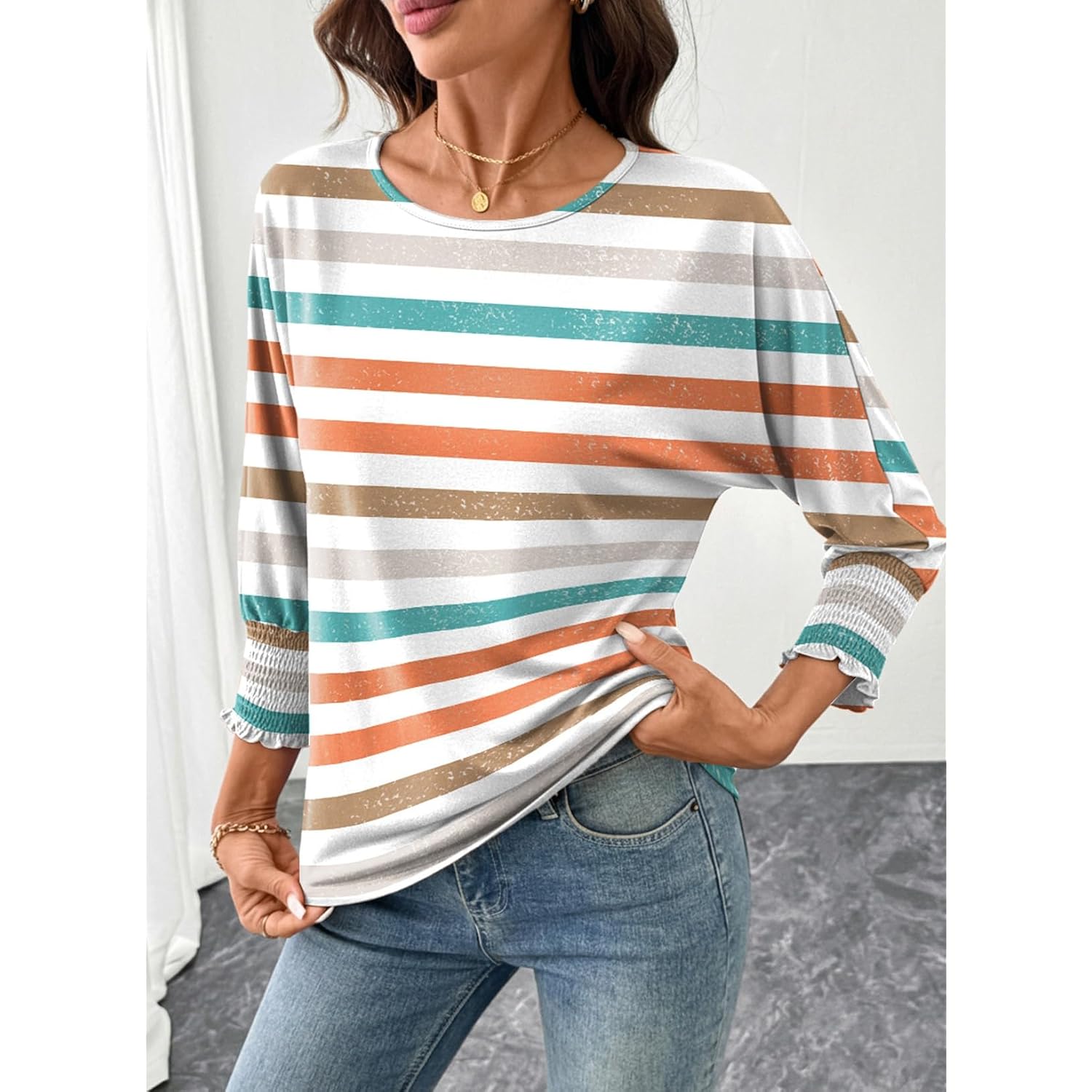 Dokotoo Women's 2026 Fashion Tops 3/4 Sleeve T-Shirts Cute Crewneck Basic Business Tees Blouses Z Orange Stripe