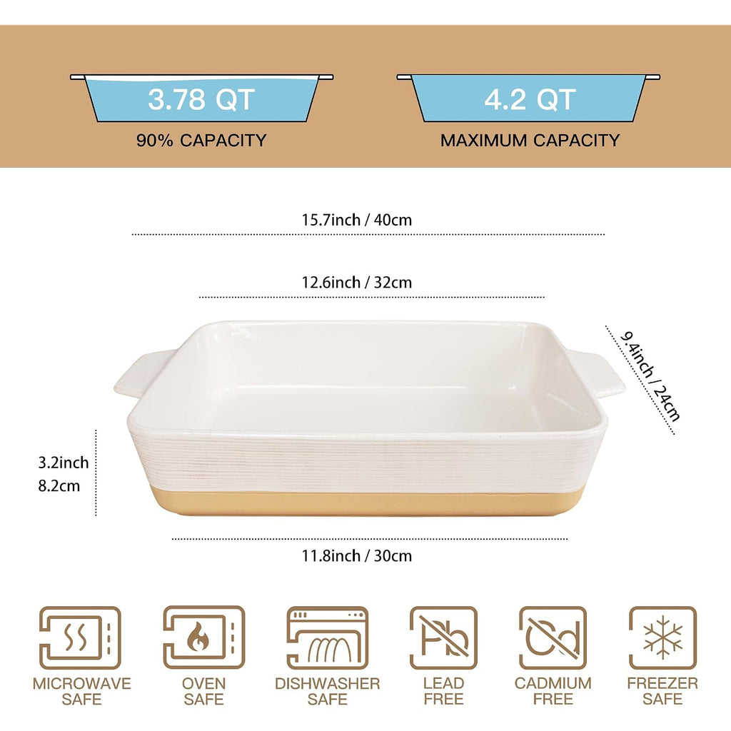 Casserole Dish For Oven, 4.2 Qt Baking Dish, 9X13 Large Porcelain Baking Pan, Durable Rectangular Lasagna Pan Deep With Handles, Microwave Oven Safe, Home Decor, Wedding Gift (Khaki & White)