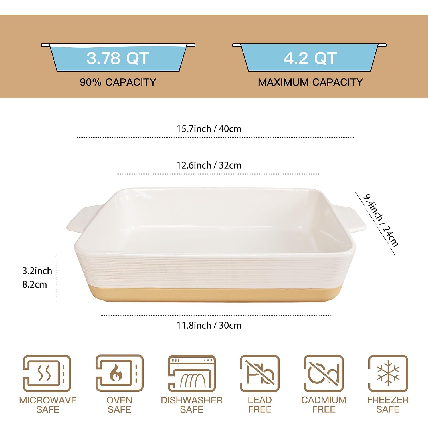 Casserole Dish For Oven, 4.2 Qt Baking Dish, 9X13 Large Porcelain Baking Pan, Durable Rectangular Lasagna Pan Deep With Handles, Microwave Oven Safe, Home Decor, Wedding Gift (Khaki & White)