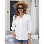 Womens Cotton Button Down Shirts 3/4 Sleeve Casual Loose Fit V Neck Stylish Breathable Summer Spring Blouses Top