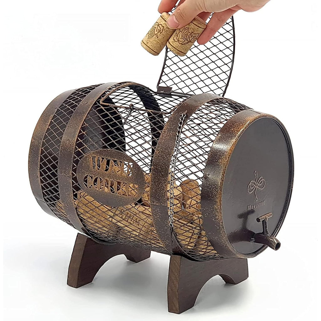 Rustic Metal Large Barrel Wine Cork Holder Display On Wooden Stand, Container For Display, Home Decor, Housewarming Gifts, Home Bar Decor, Wine Gifts, Engagement Gifts, Kitchen Decor