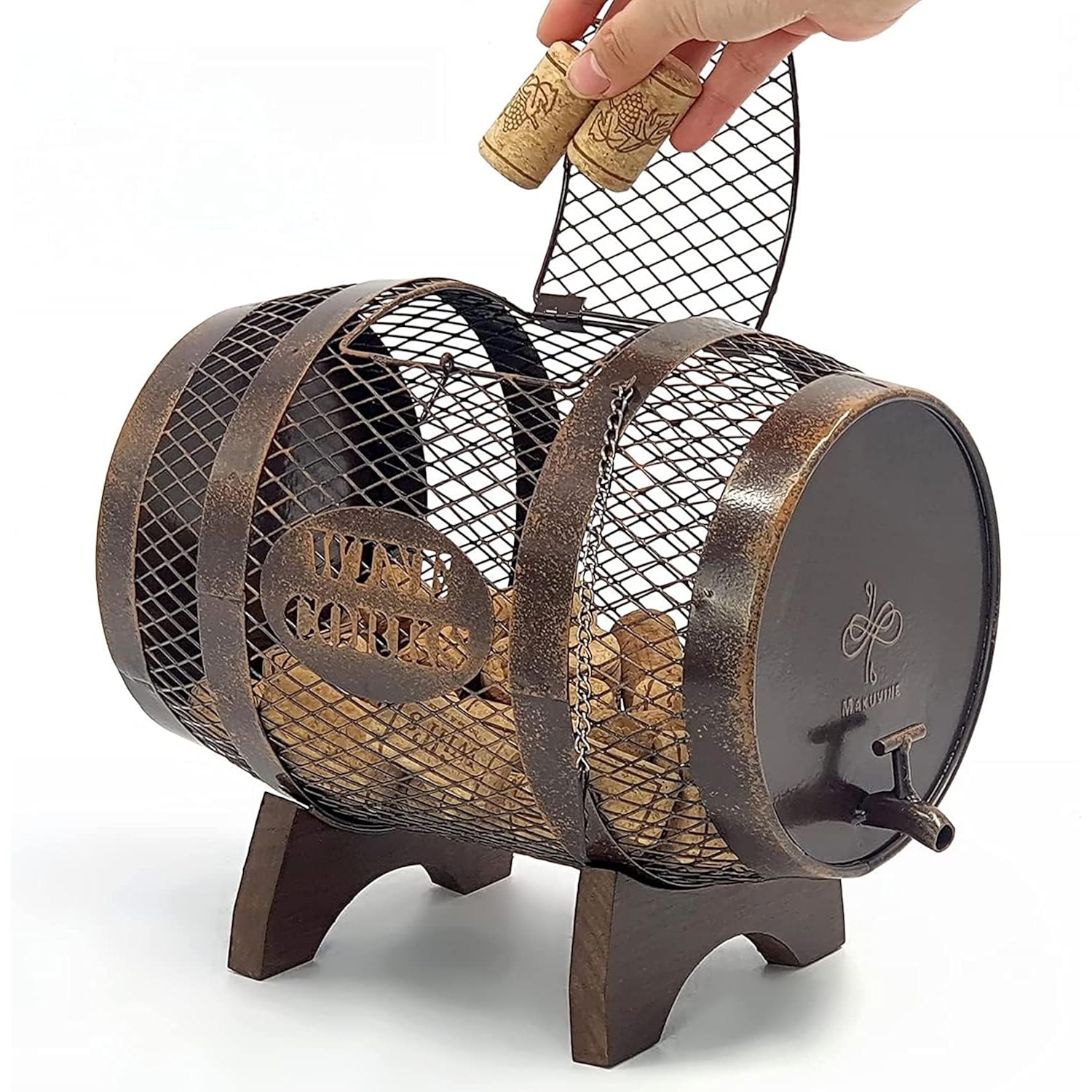 Rustic Metal Large Barrel Wine Cork Holder Display On Wooden Stand, Container For Display, Home Decor, Housewarming Gifts, Home Bar Decor, Wine Gifts, Engagement Gifts, Kitchen Decor
