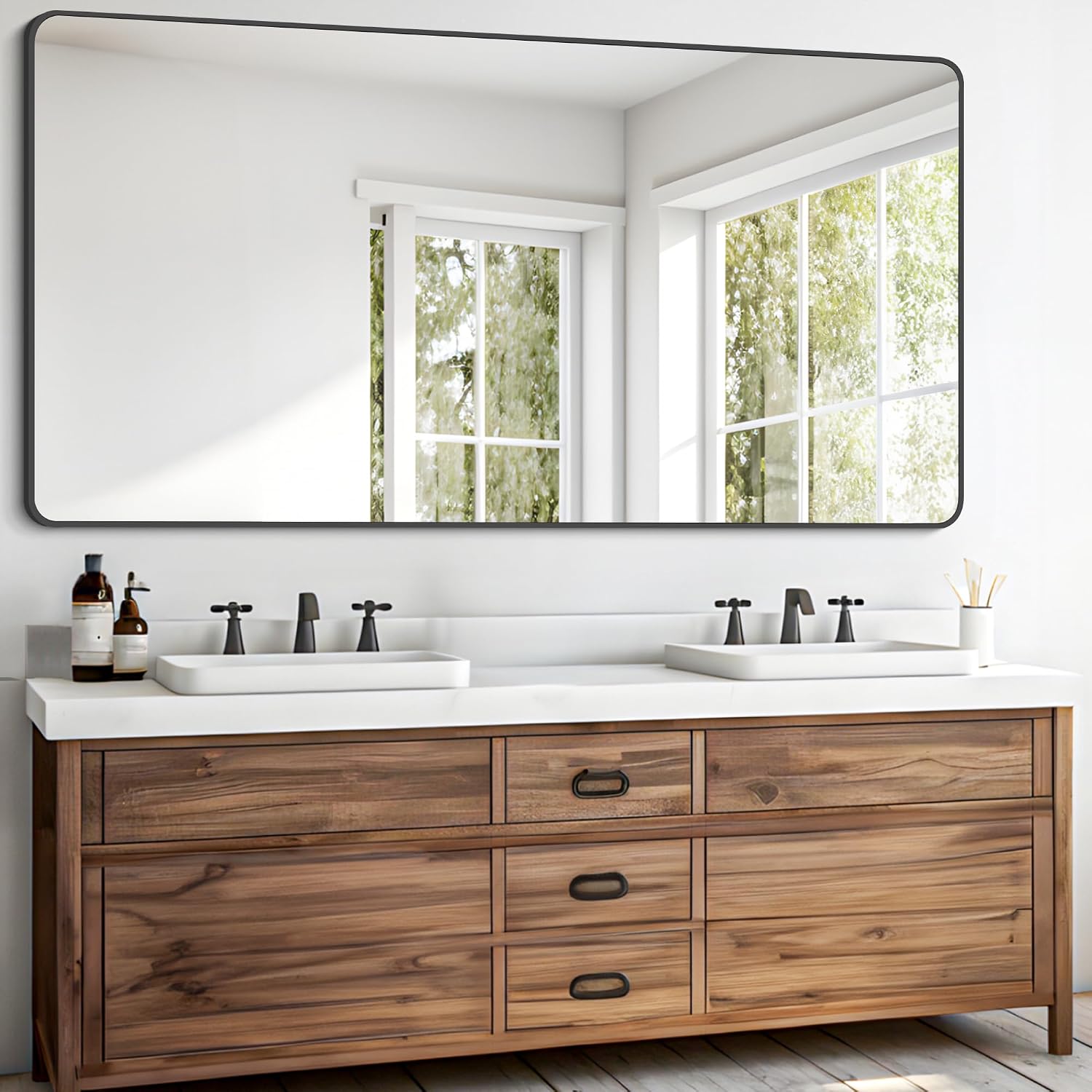 Bathroom Mirror 30" X 60"，Large Rectangular Wall Mirror, Black Metal Framed Rounded Corner Wall Mounted Mirror For Bathroom Bedroom Entryway Decor(Horizontal/Vertical)