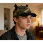 Unisex Camouflage Baseball Cap Outdoor Adjustable Devil Horn Trucker Hat for Halloween Cosplay Party Camouflage