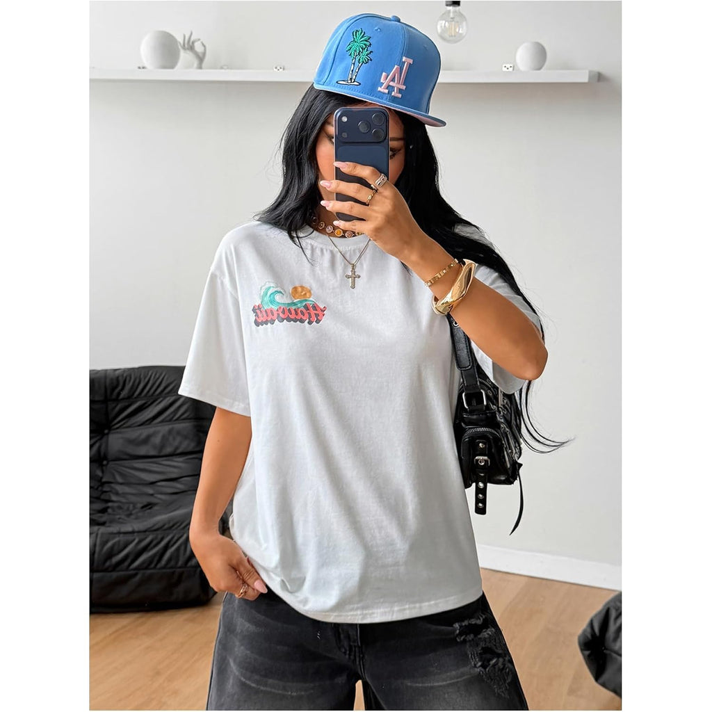 SOLY HUX Women's Hawaiian Beach T Shirts Tropical Graphic Tess Short Sleeve Tops Vacation Clothes White Graphic
