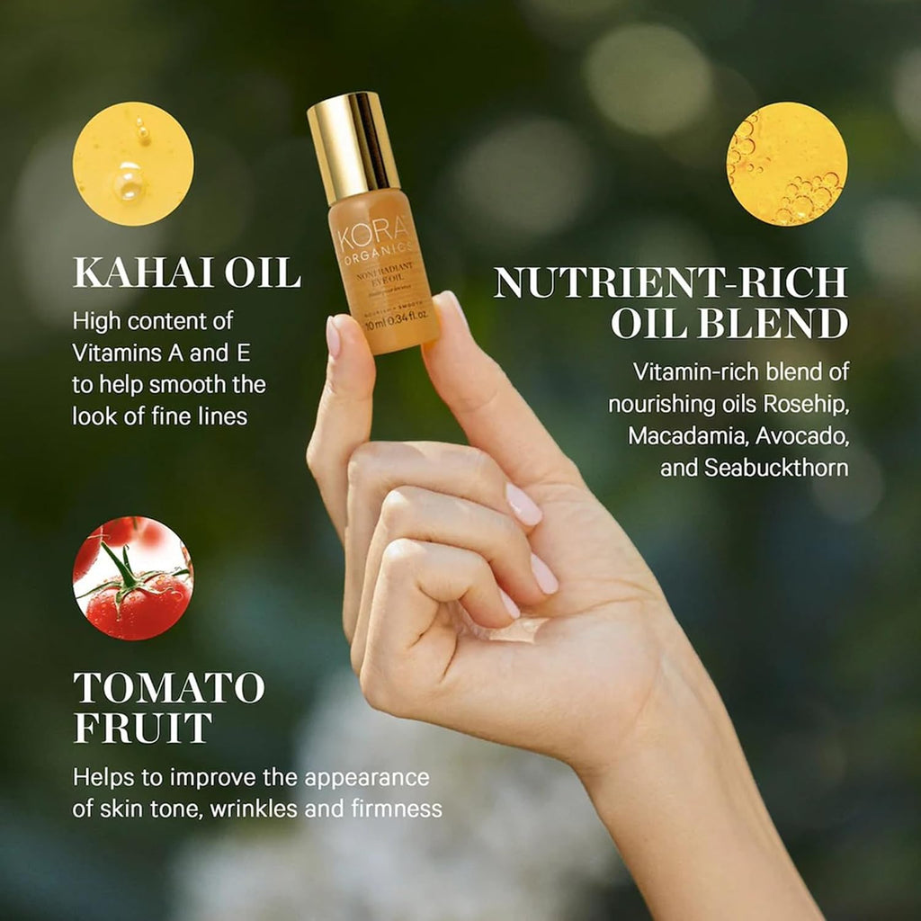 Kora Organics Noni Radiant Eye Oil With Rose Quartz Roller Ball Applicator, Under Eye Roller Serum That Helps Reduce Puffiness, Dark Circles & Wrinkles, Certified Organic, Cruelty Free, 0.34 Fl Oz