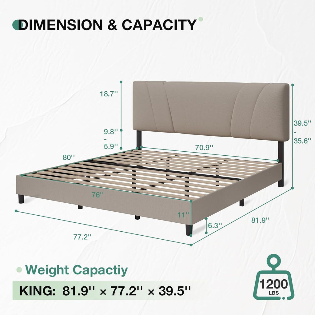 Novilla King Size Bed Frame With Adjustable Headboard Platform King Bed Frame Linen Fabric Upholstered Headboard, No Box Spring Needed, Noise-Free, Wooden Slats Support, Easy Assembly, Beige