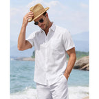 J.Ver Mens Linen Shirt Short Sleeve Button Down Casual Summer Shirts | Cotton Linen, Untucked, Big Tall, From Beach Camp Vacation, Cruise Fishing, Work Office, To Wedding Party Family, With Pocket