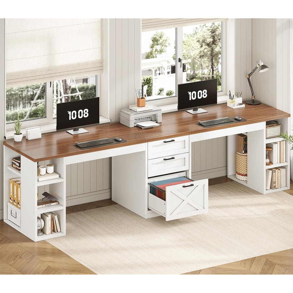 Sedeta Farmhouse 96.5" Computer Desk With Drawers, 2 Person Home Office Desk, Gaming Double Desk With Storage Shelves, Long Two Person Writing Desk (White And Brown)