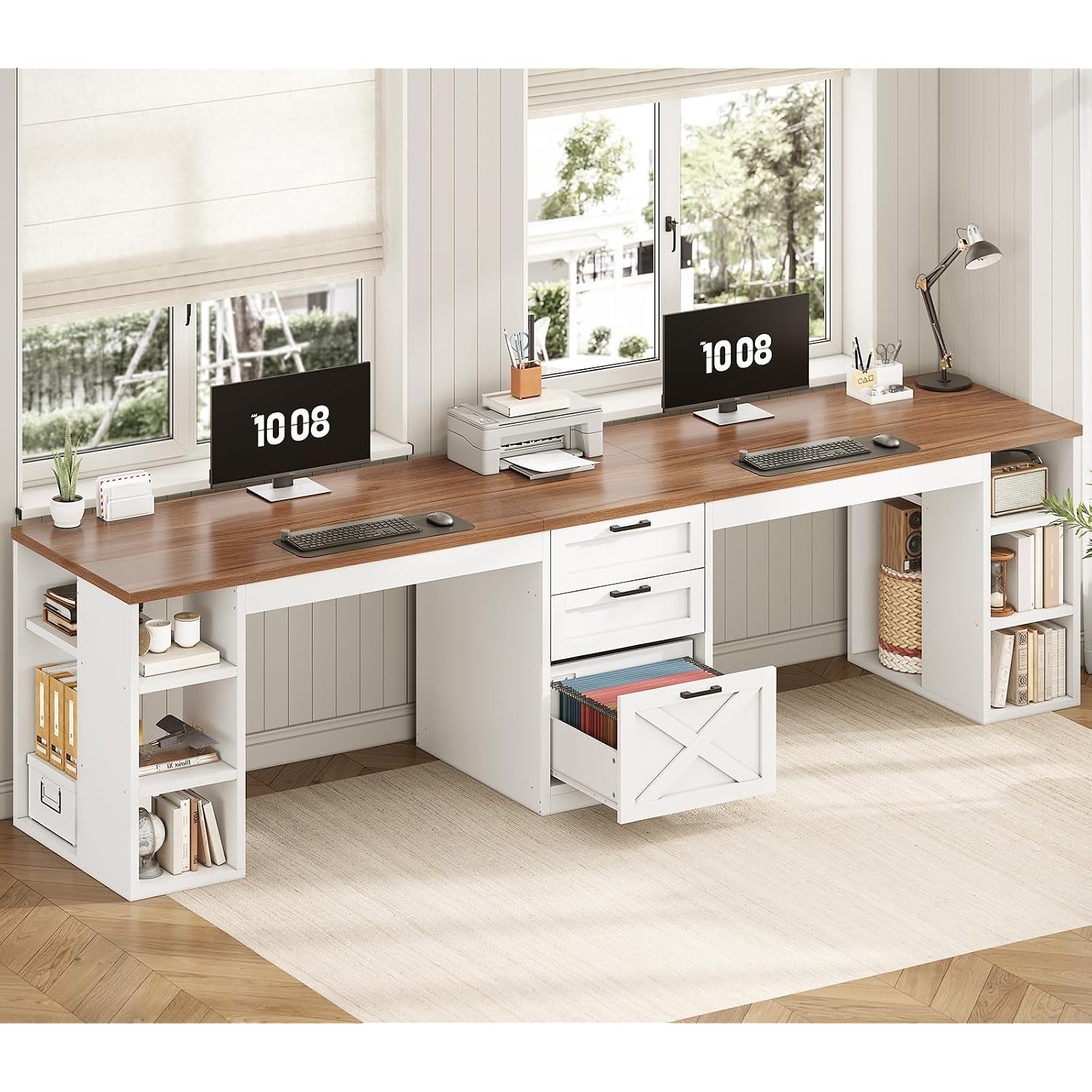 Sedeta Farmhouse 96.5" Computer Desk With Drawers, 2 Person Home Office Desk, Gaming Double Desk With Storage Shelves, Long Two Person Writing Desk (White And Brown)