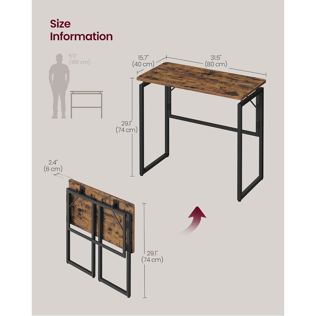 Vasagle Folding Desk, Foldable Computer Desk, One-Piece Desktop, Rounded Edges, Small Folding Craft Table For Bedroom, Balcony, Camping, Easy Assembly, 31.5 X 15.7 Inches, Rustic Brown Ulwd151Kd01