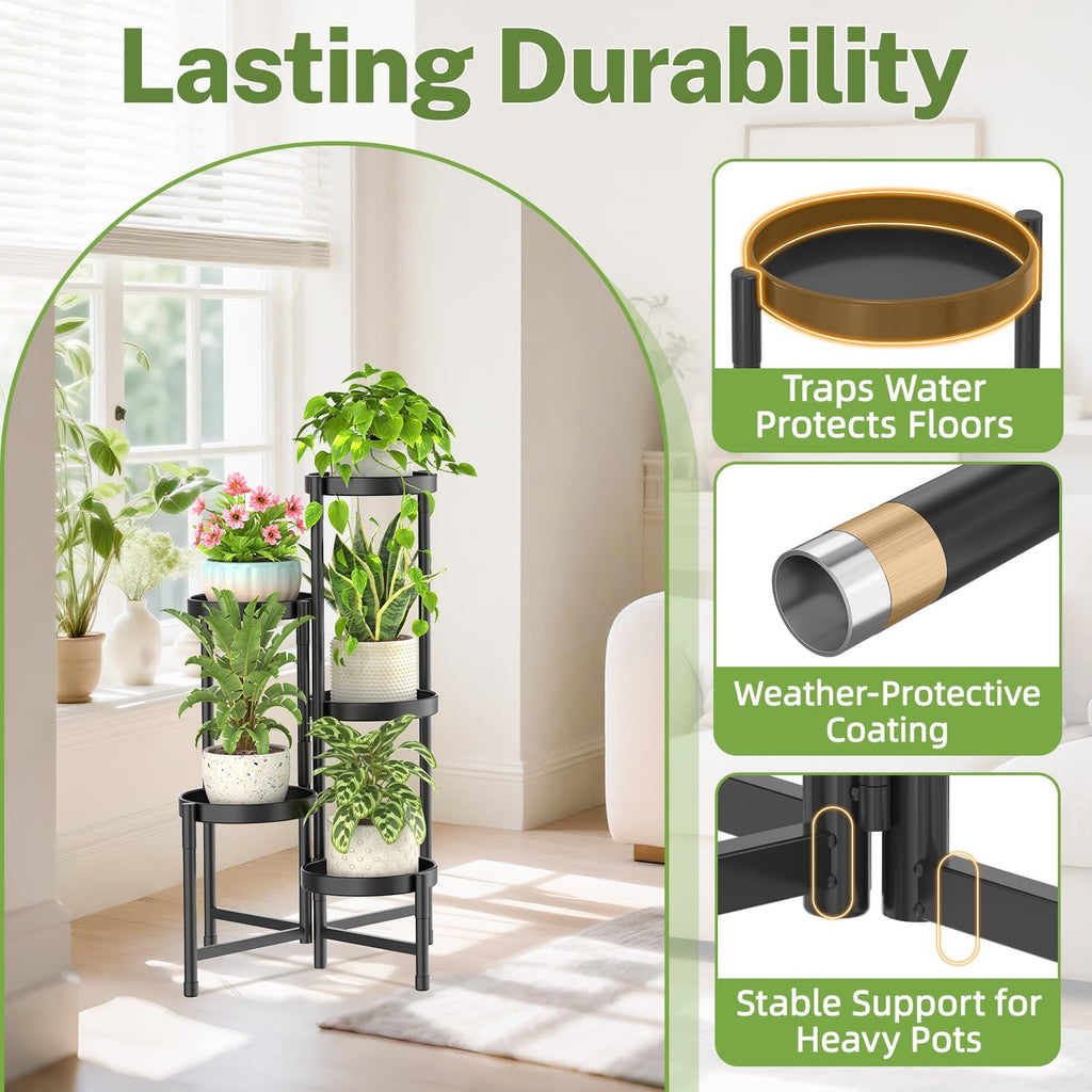 Plant Stand Indoor Outdoor, 5 Tier Corner Metal Flower Display Holder Shelf, Folding Tall Orchid Rack For Patio Balcony Porch Garden Living Room House, Black